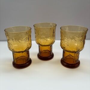 Vintage Libbey Country Garden Daisy Flower 10 oz Amber Water Glasses Set of 3